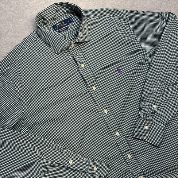 Polo Ralph Lauren Shirt Men Large Green Gingham Check Performance Button Up Pony - Picture 1 of 7